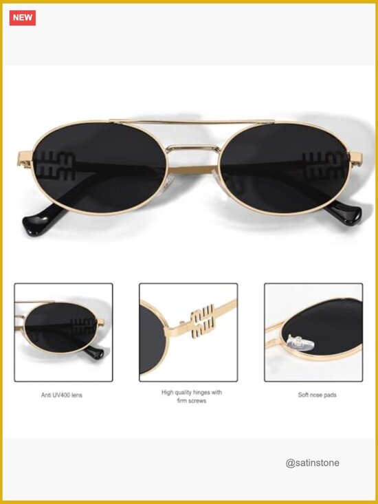 Retro Oval 90s Metal Sunglasses, UV400 Protection, Narrow Gold Frame main image 3